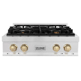 ZLINE Autograph Edition 30 in. Porcelain Rangetop with 4 Gas Burners in DuraSnow Stainless Steel with Polished Gold Accents (RTSZ-30-G)