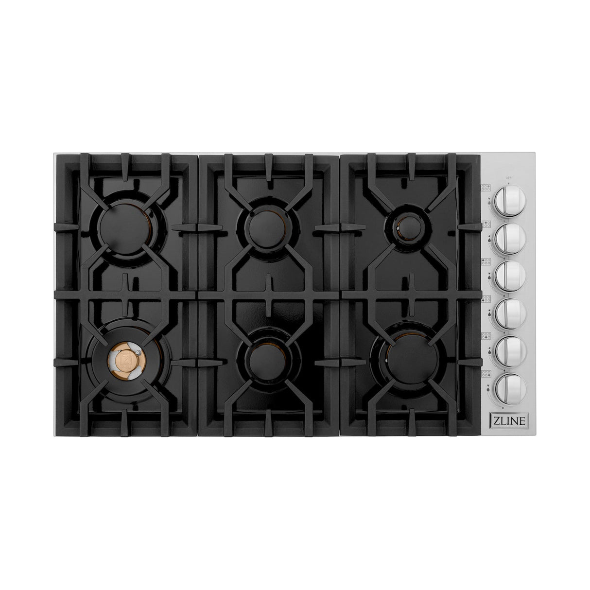 ZLINE 36 in. Gas Cooktop with 6 Gas Brass Burners and Black Porcelain Top (RC-BR-36-PBT)