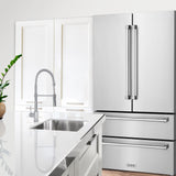 ZLINE Kitchen Package with 36 in. French Door Refrigerator, 36 in. Stainless Steel Gas Range, 36 in. Range Hood, 24 in. Microwave Drawer, and 24 in. Tall Tub Dishwasher (5KPR-SGRRH36-MWDWV)