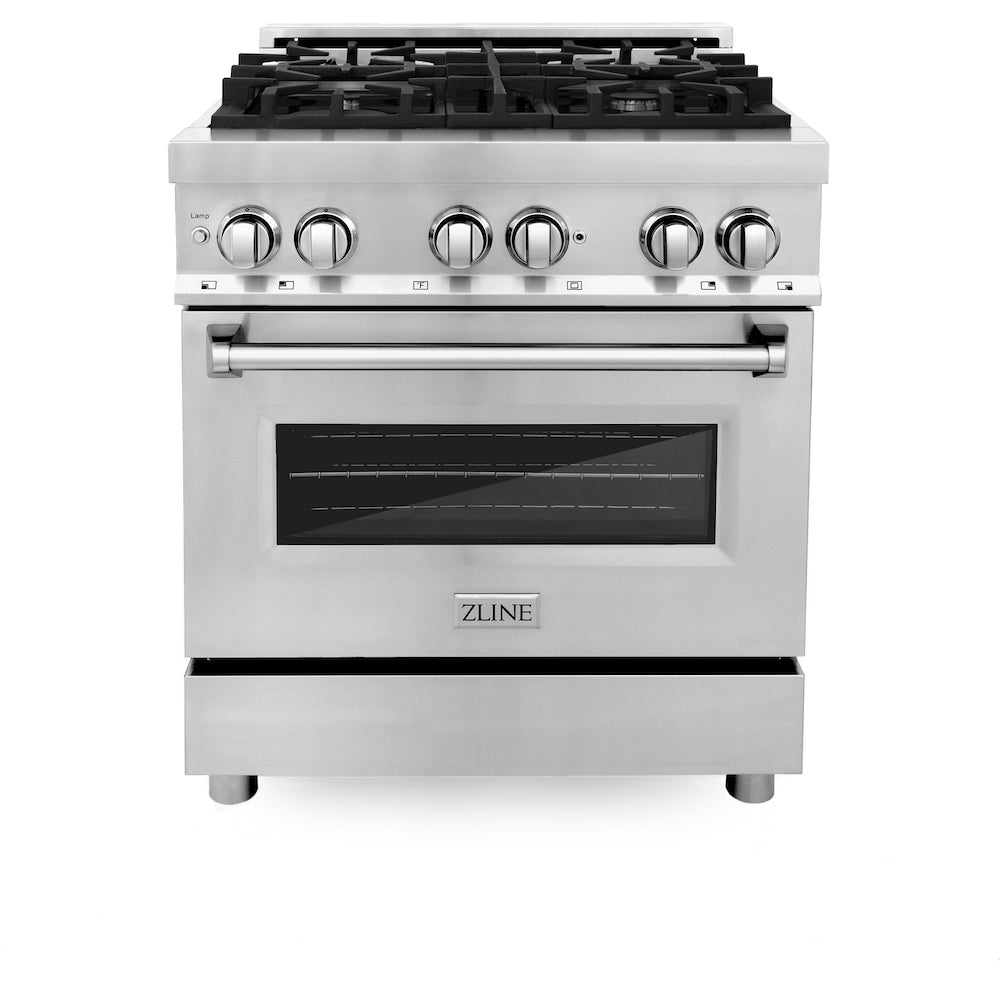 ZLINE 30 in. Kitchen Package with Stainless Steel Dual Fuel Range, Range Hood, Microwave Drawer and Tall Tub Dishwasher (4KP-RARH30-MWDWV)