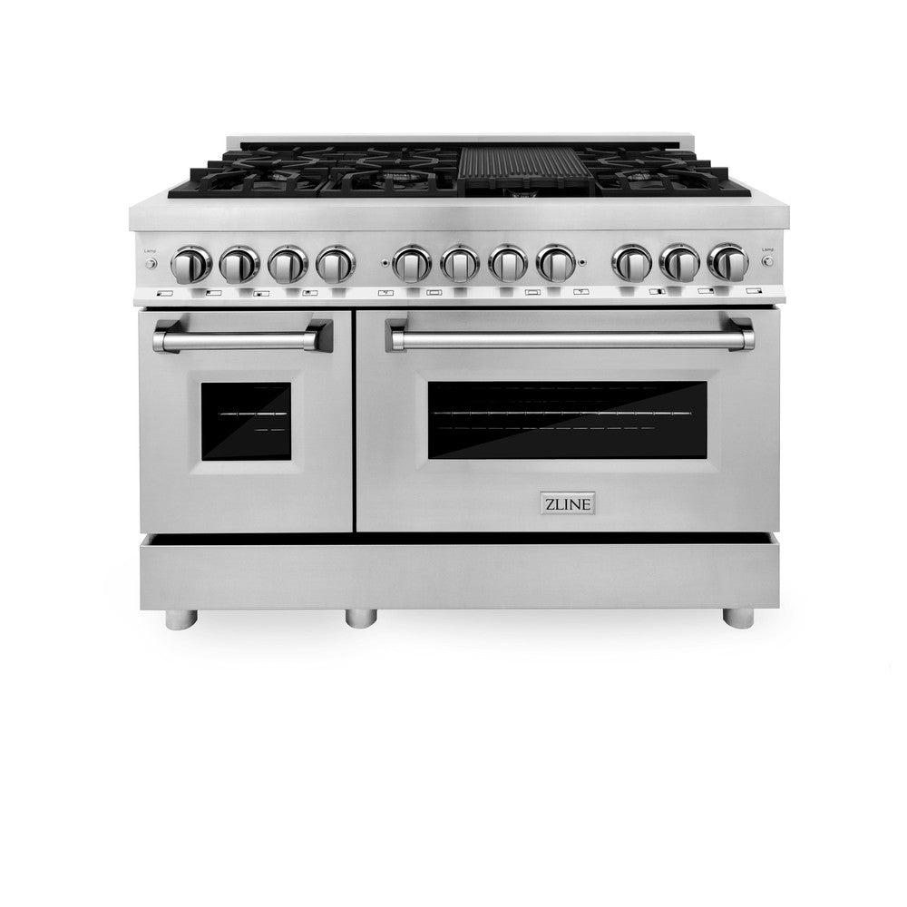 ZLINE 48 in. Kitchen Package with Stainless Steel Dual Fuel Range, Convertible Vent Range Hood and Microwave Drawer (3KP-RARH48-MW)