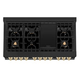 ZLINE 48 in. Autograph Edition Kitchen Package with Black Stainless Steel Dual Fuel Range, Range Hood, Dishwasher and Refrigeration Including External Water Dispenser with Polished Gold Accents (4AKPR-RABRHDWV48-G)