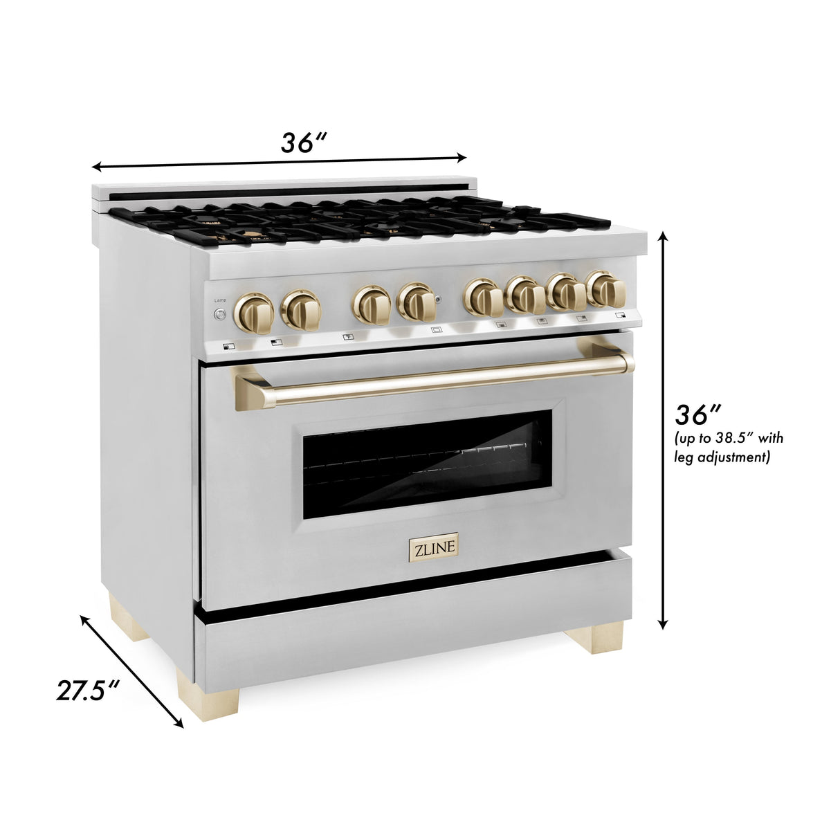 ZLINE 36 in. Autograph Edition Kitchen Package with Stainless Steel Dual Fuel Range, Range Hood, Dishwasher and Refrigeration with Polished Gold Accents (4KAPR-RARHDWM36-G)