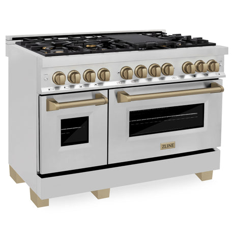 ZLINE 48 in. Autograph Edition Kitchen Package with Stainless Steel Dual Fuel Range, Range Hood, Dishwasher and Refrigeration Including External Water Dispenser with Champagne Bronze Accents (4AKPR-RARHDWM48-CB)