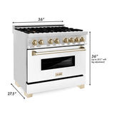 ZLINE 36 in. Autograph Edition Kitchen Package with Stainless Steel Dual Fuel Range with White Matte Door, Range Hood and Dishwasher with Polished Gold Accents (3AKP-RAWMRHDWM36-G)