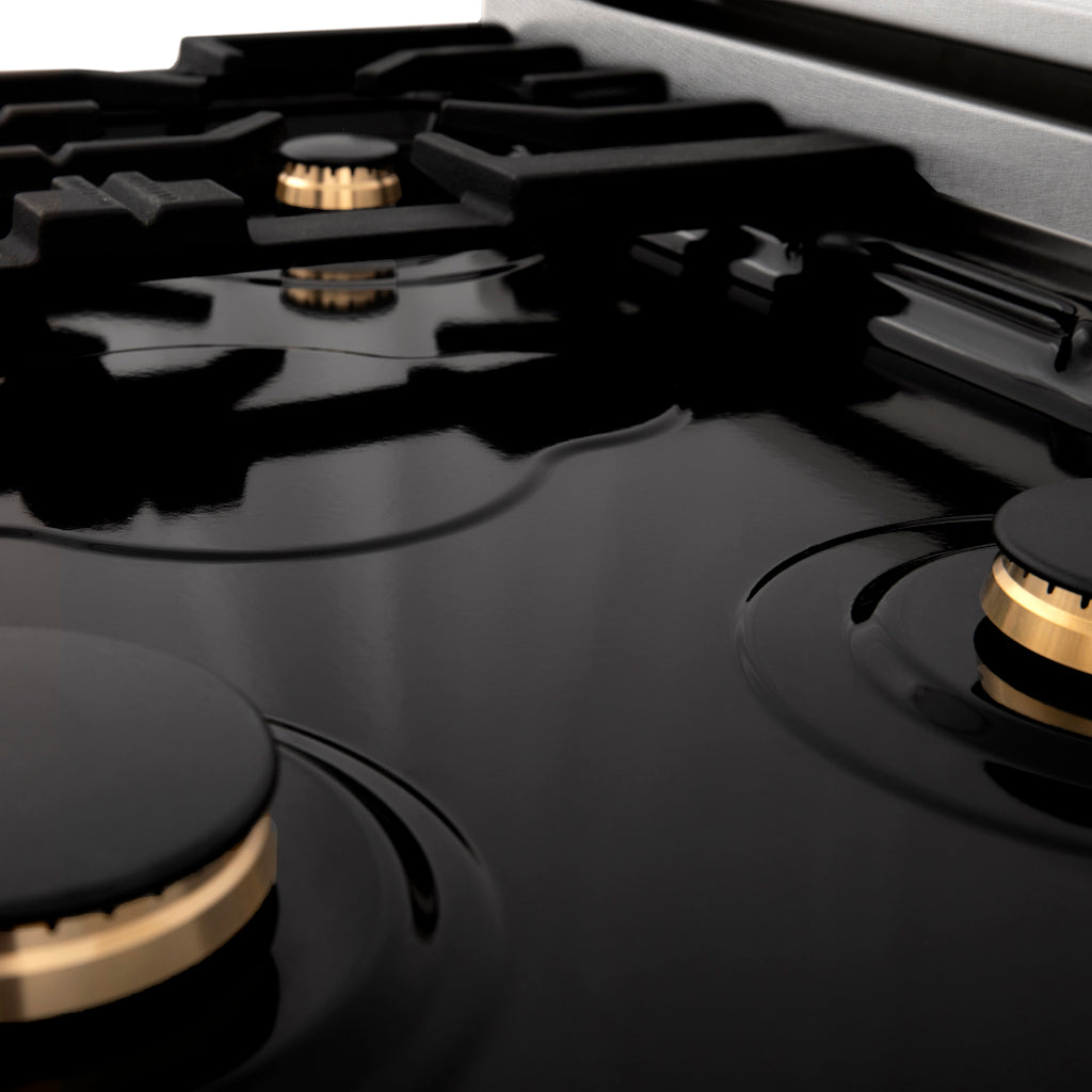 ZLINE Autograph Edition 48 in. Porcelain Rangetop with 7 Gas Burners in Black Stainless Steel and Champagne Bronze Accents (RTBZ-48-CB)