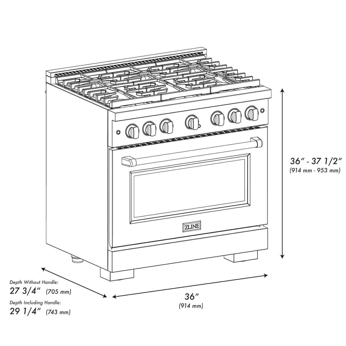 ZLINE Kitchen Package with Refrigeration, 36 in. Stainless Steel Gas Range, 36 in. Convertible Vent Range Hood and 24 in. Tall Tub Dishwasher (4KPR-SGRRH36-DWV)