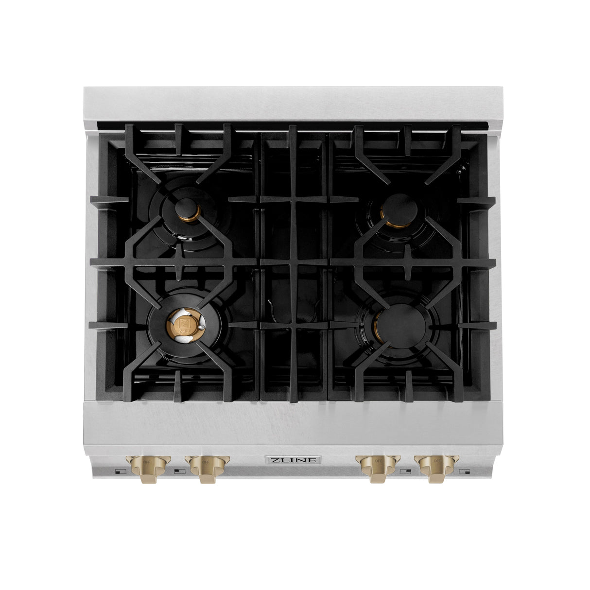 ZLINE Autograph Edition 30 in. Porcelain Rangetop with 4 Gas Burners in DuraSnow® Stainless Steel with Champagne Bronze Accents (RTSZ-30-CB)