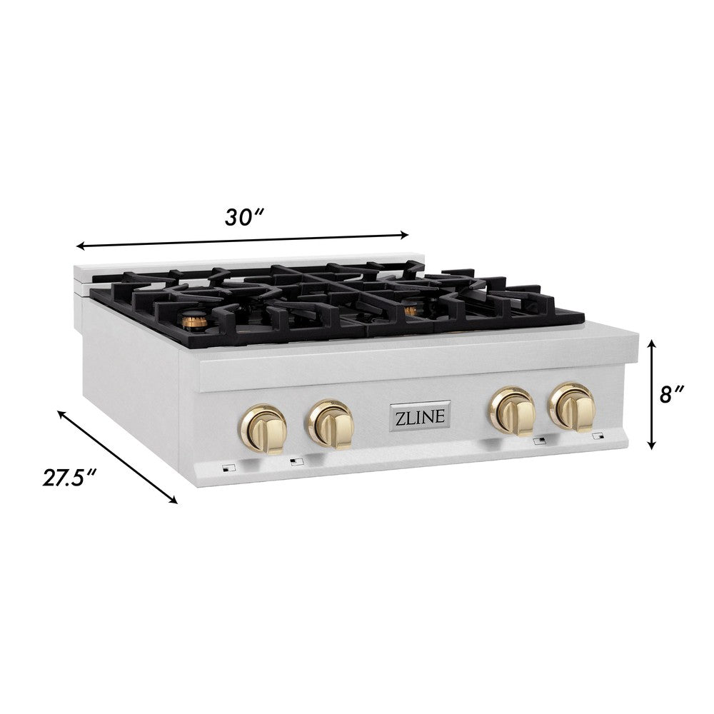 ZLINE Autograph Edition 30 in. Porcelain Rangetop with 4 Gas Burners in DuraSnow Stainless Steel with Polished Gold Accents (RTSZ-30-G)