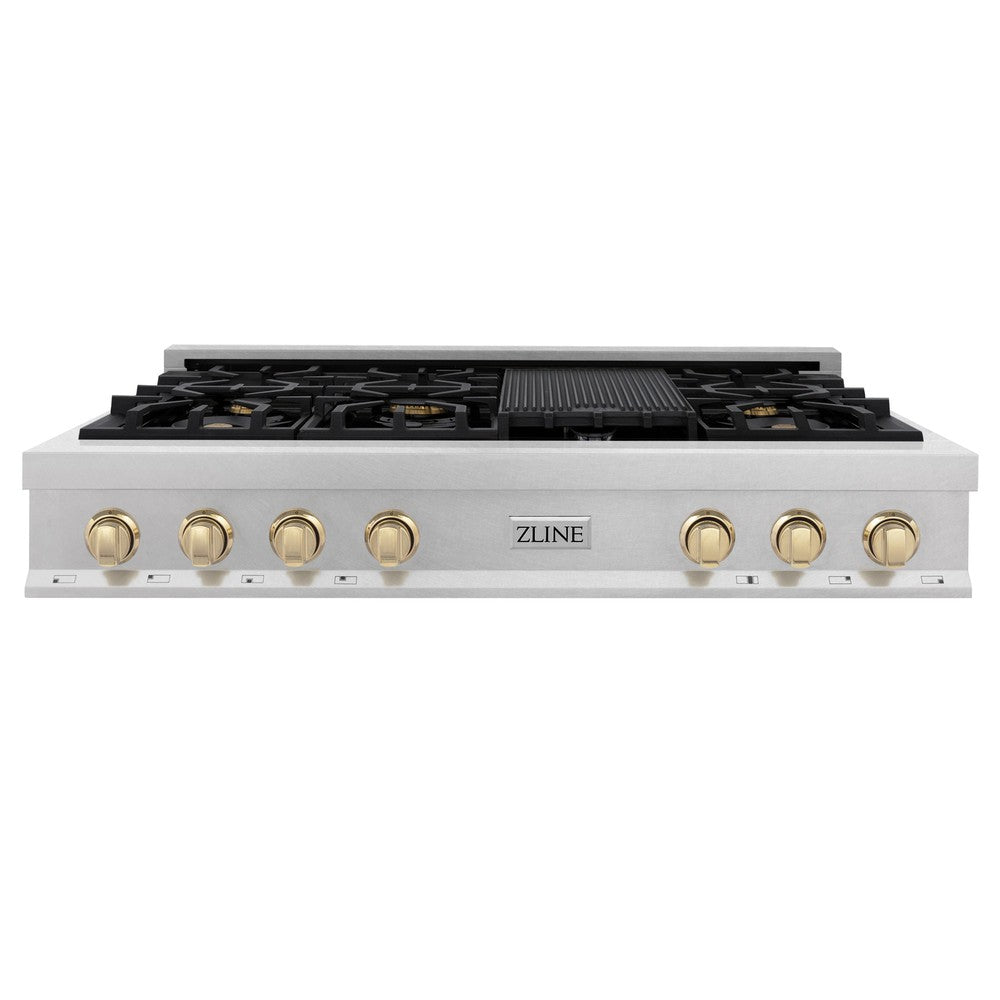 ZLINE Autograph Edition 48 in. Porcelain Rangetop with 7 Gas Burners in DuraSnow Stainless Steel and Polished Gold Accents (RTSZ-48-G)