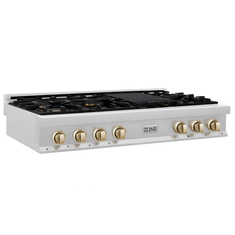 ZLINE Autograph Edition 48 in. Porcelain Rangetop with 7 Gas Burners in DuraSnow Stainless Steel and Polished Gold Accents (RTSZ-48-G)