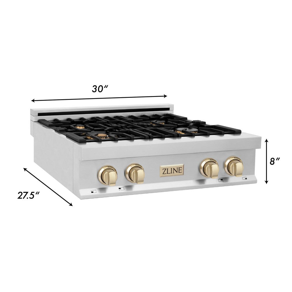 ZLINE Autograph Edition 30 in. Porcelain Rangetop with 4 Gas Burners in Stainless Steel and Polished Gold Accents (RTZ-30-G)