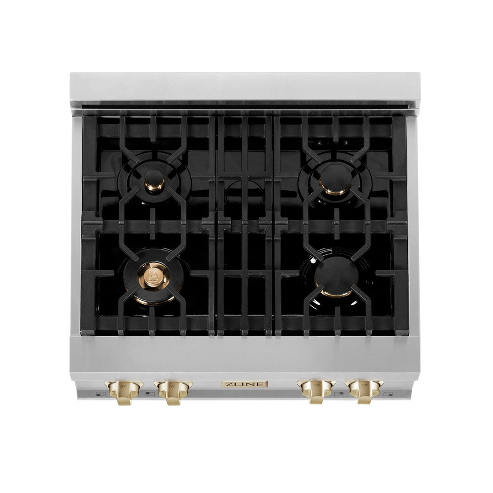 ZLINE Autograph Edition 30 in. Porcelain Rangetop with 4 Gas Burners in Stainless Steel and Polished Gold Accents (RTZ-30-G)