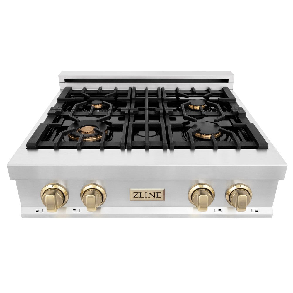 ZLINE Autograph Edition 30 in. Porcelain Rangetop with 4 Gas Burners in Stainless Steel and Polished Gold Accents (RTZ-30-G)