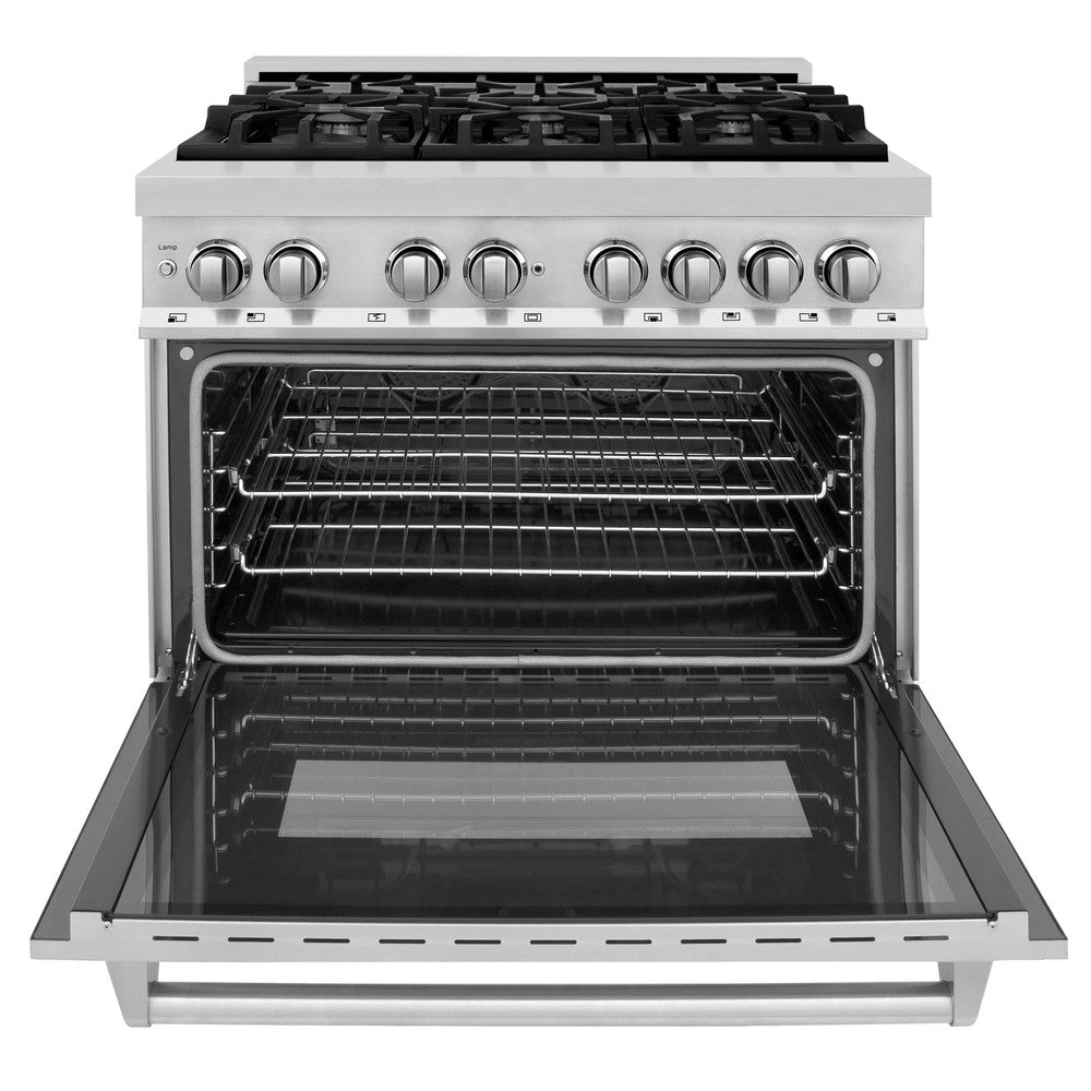 ZLINE 36 in. Kitchen Package with Stainless Steel Dual Fuel Range, Convertible Vent Range Hood and Dishwasher (3KP-RARH36-DW)