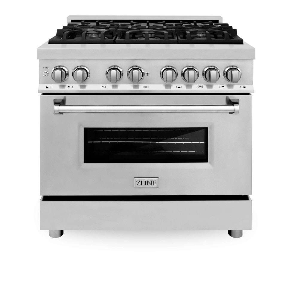 ZLINE 36 in. Kitchen Package with Stainless Steel Dual Fuel Range and Convertible Vent Range Hood (2KP-RARH36)