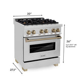 ZLINE 30 in. Autograph Edition Kitchen Package with Stainless Steel Dual Fuel Range and Range Hood with Champagne Bronze Accents (3AKP-RARHDWM30-CB)