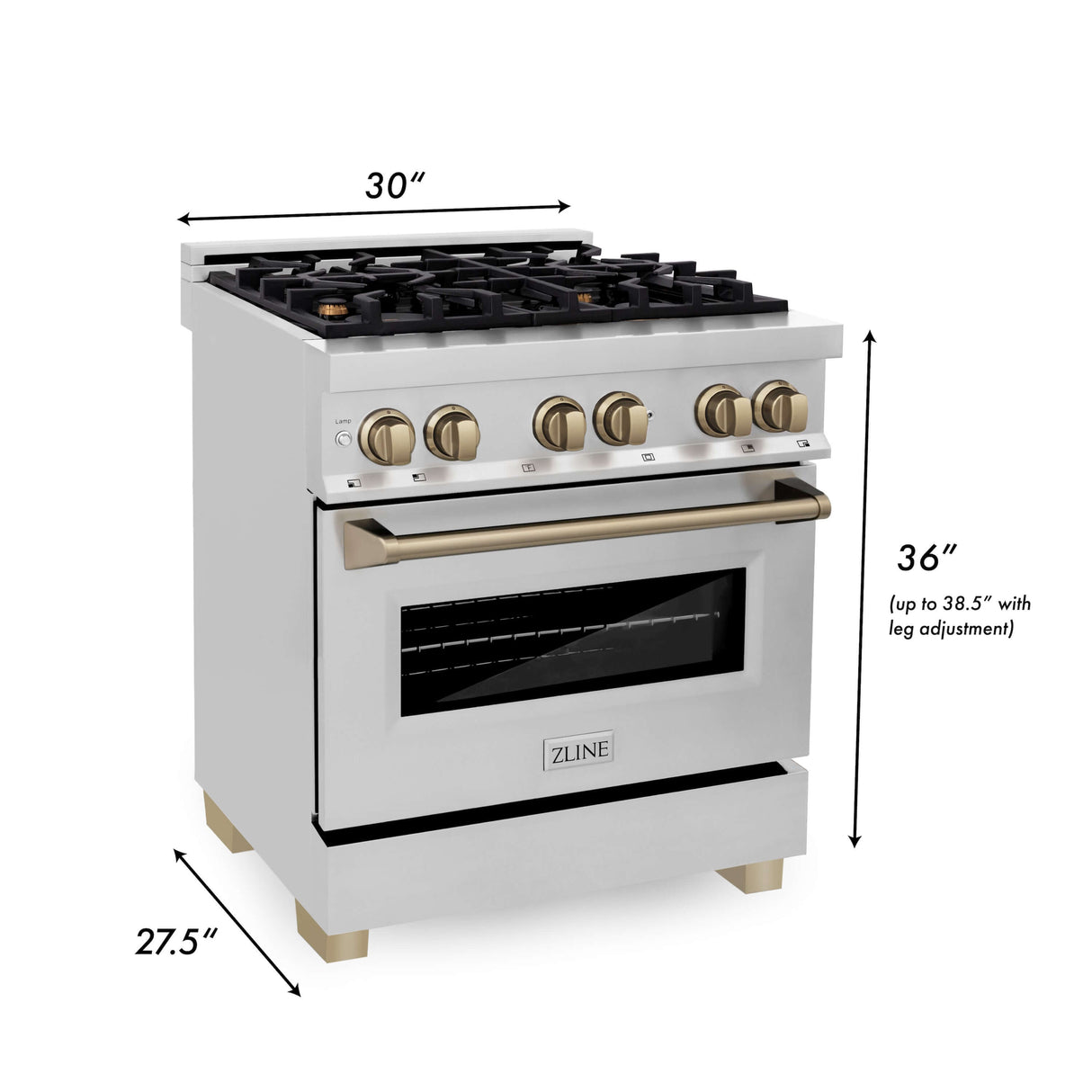 ZLINE 30 in. Autograph Edition Kitchen Package with Stainless Steel Dual Fuel Range, Range Hood, Dishwasher and Refrigeration with Champagne Bronze Accents (4KAPR-RARHDWM30-CB)