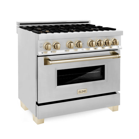 ZLINE 36 in. Autograph Edition Kitchen Package with Stainless Steel Dual Fuel Range, Range Hood, Dishwasher and Refrigeration Including External Water Dispenser with Polished Gold Accents (4AKPR-RARHDWM36-G)