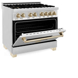 ZLINE 36 in. Autograph Edition Kitchen Package with Stainless Steel Dual Fuel Range, Range Hood, Dishwasher and Refrigeration with Polished Gold Accents (4KAPR-RARHDWM36-G)