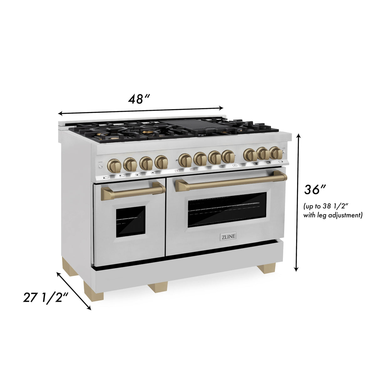 ZLINE 48 in. Autograph Edition Kitchen Package with Stainless Steel Dual Fuel Range, Range Hood, Dishwasher, and French Door Refrigerator with Champagne Bronze Accents (4KAPR-RARHDWM48-CB)