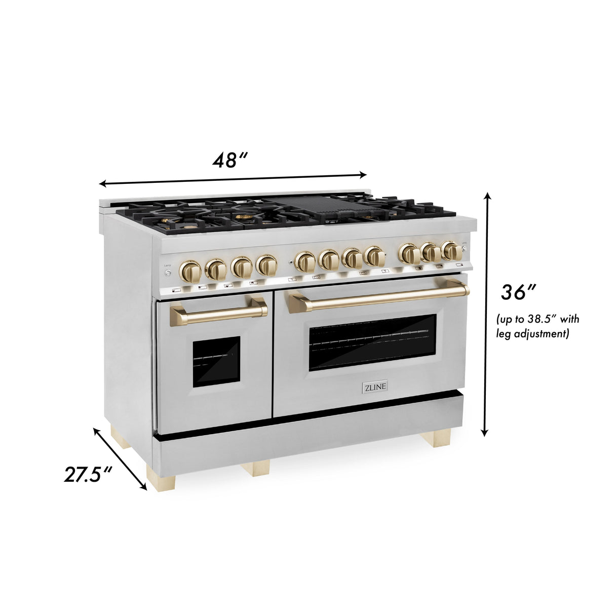 ZLINE Autograph Edition 48 in. Kitchen Package with Stainless Steel Dual Fuel Range, Range Hood, Dishwasher, and French Door Refrigerator with External Water Dispenser with Polished Gold Accents (4AKPR-RARHDWM48-G)