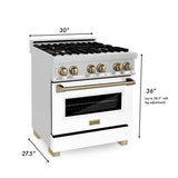 ZLINE Autograph Edition Kitchen Package in Stainless Steel and White Matte with 30 in. Dual Fuel Range, 30 in. Range Hood and 24 in. Dishwasher with Champagne Bronze Accents (3AKP-RAWMRHDWM30-CB)