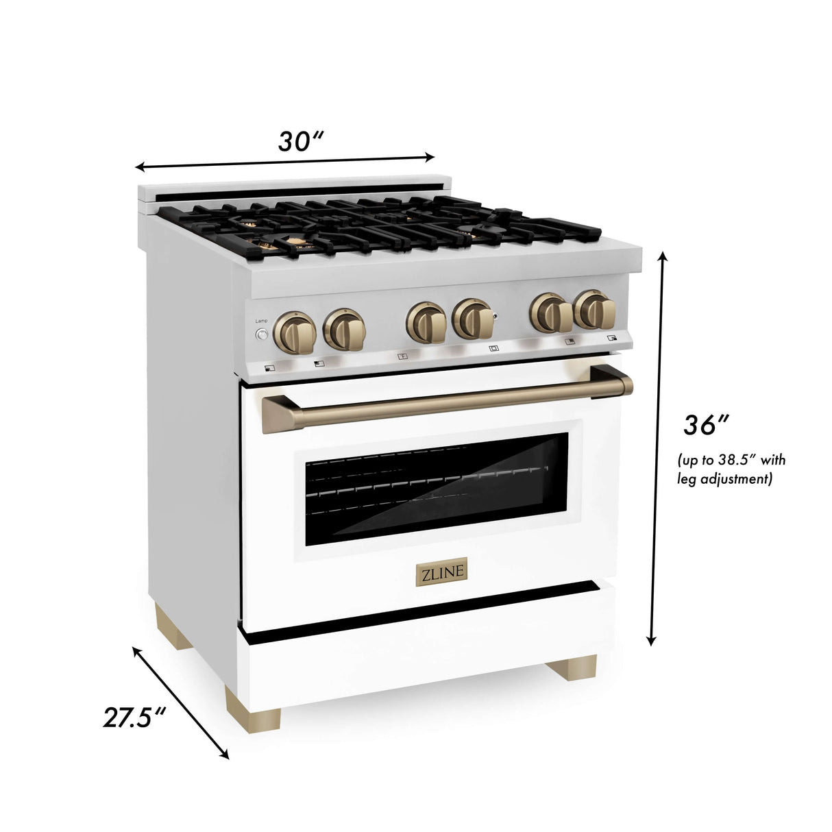 ZLINE 30 in. Autograph Edition Kitchen Package with Stainless Steel Dual Fuel Range with White Matte Door and Range Hood with Champagne Bronze Accents (2AKP-RAWMRH30-CB)