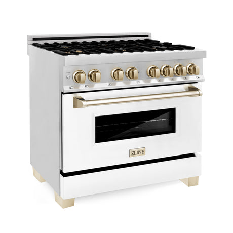 ZLINE 36 in. Autograph Edition Kitchen Package with Stainless Steel Dual Fuel Range with White Matte Door and Range Hood with Polished Gold Accents (2AKP-RAWMRH36-G)