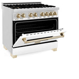 ZLINE 36 in. Autograph Edition Kitchen Package with Stainless Steel Dual Fuel Range with White Matte Door, Range Hood and Dishwasher with Polished Gold Accents (3AKP-RAWMRHDWM36-G)