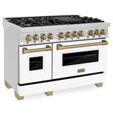 ZLINE 48 in. Autograph Edition Kitchen Package with Stainless Steel Dual Fuel Range with White Matte Door, Range Hood and Dishwasher with Champagne Bronze Accents (3AKP-RAWMRHDWM48-CB)