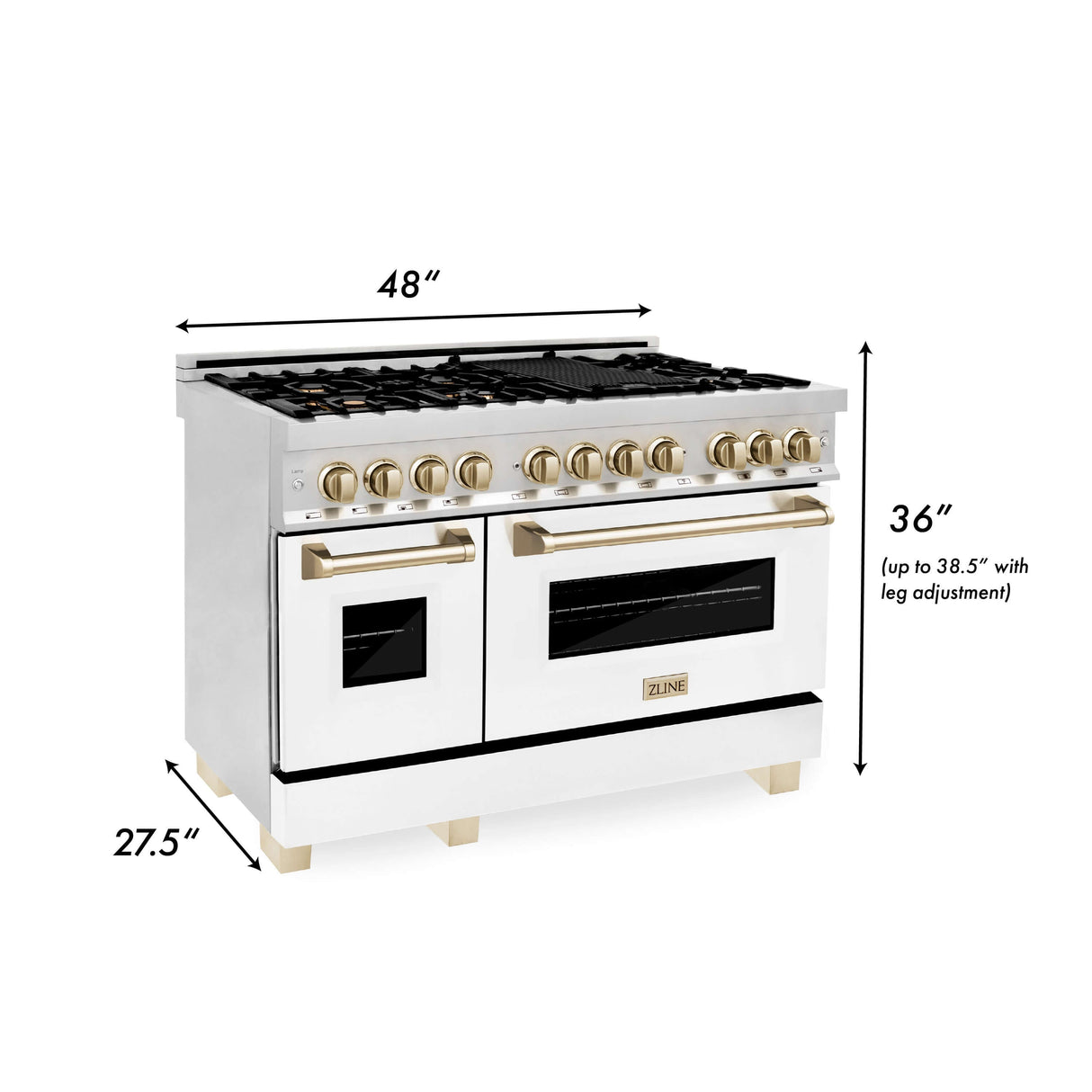 ZLINE 48 in. Autograph Edition Kitchen Package with Stainless Steel Dual Fuel Range with White Matte Door, Range Hood and Dishwasher with Polished Gold Accents (3AKP-RAWMRHDWM48-G)