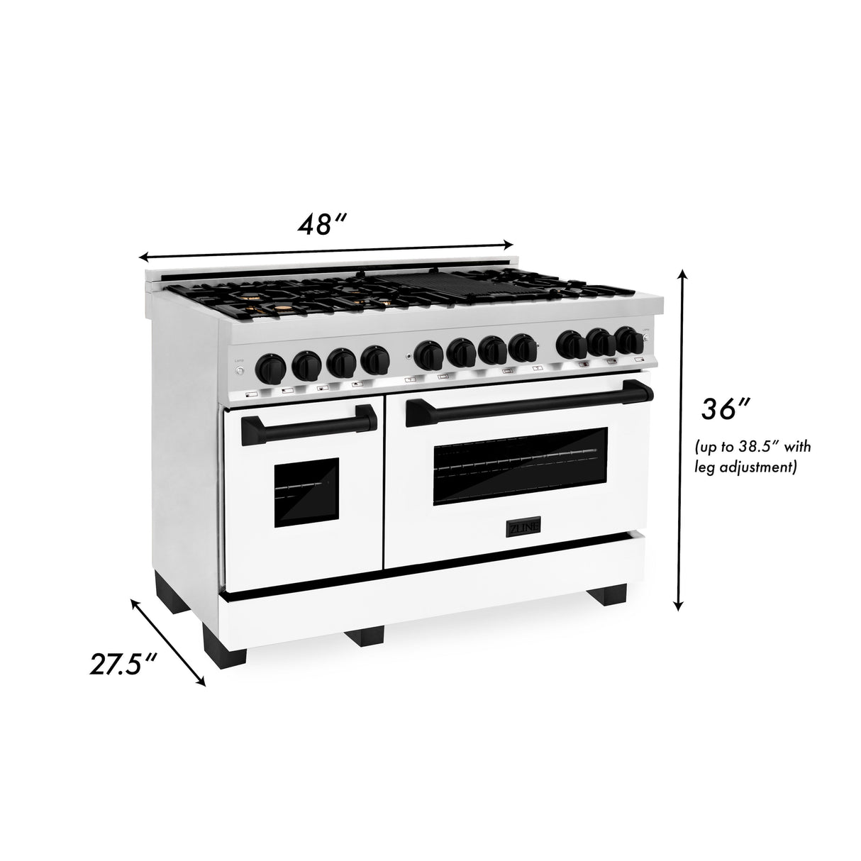 ZLINE 48 in. Autograph Edition Kitchen Package with Stainless Steel Dual Fuel Range with White Matte Door, Range Hood and Dishwasher with Matte Black Accents (3AKP-RAWMRHDWM48-MB)