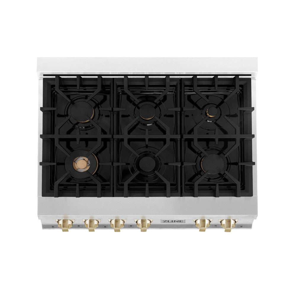 ZLINE Autograph Edition 36 in. Porcelain Rangetop with 6 Gas Burners in Stainless Steel with Polished Gold Accents (RTZ-36-G)