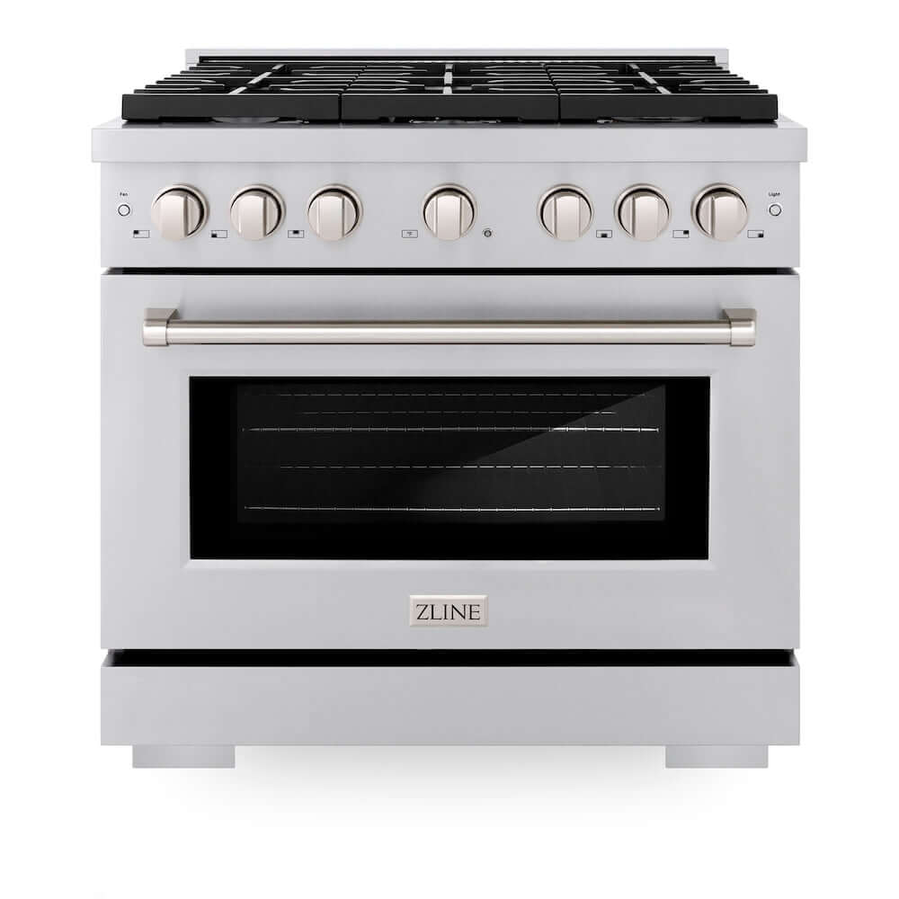 ZLINE 36 in. Kitchen Package with Stainless Steel Gas Range, Range Hood, Microwave Drawer, Tall Tub Dishwasher and Beverage Fridge (5KP-SGRRH36-MWDWV-RBV)