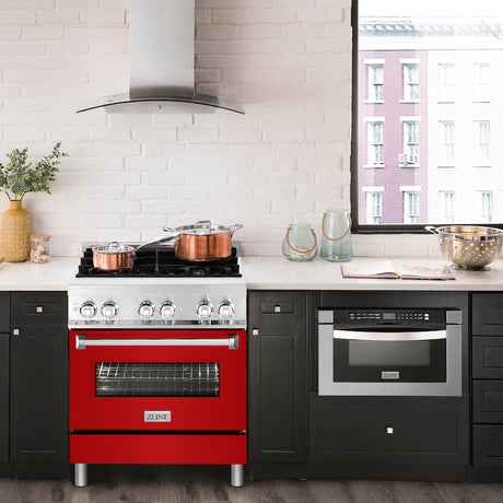 ZLINE 30 in. 4.0 cu. ft. Dual Fuel Range with Gas Stove and Electric Oven in Stainless Steel with Red Gloss Door (RA-RG-30)