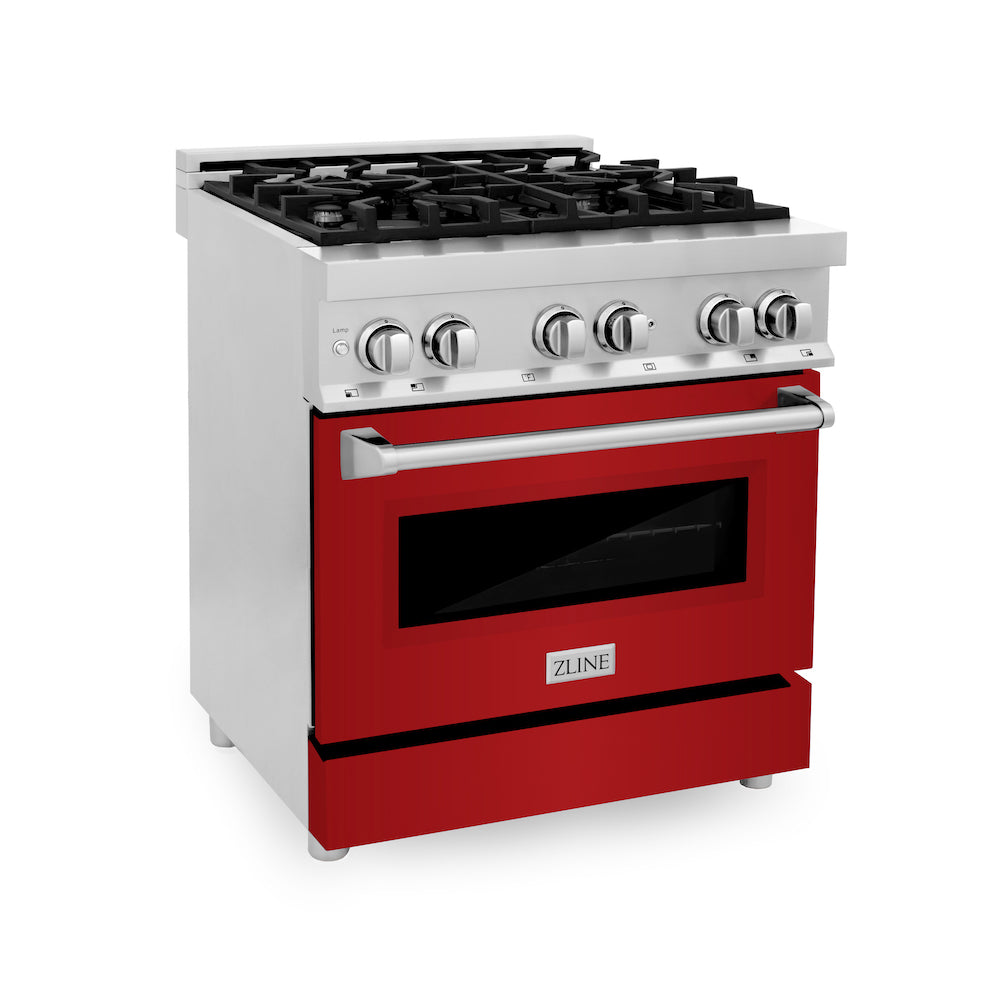 ZLINE 30 in. 4.0 cu. ft. Dual Fuel Range with Gas Stove and Electric Oven in Stainless Steel with Red Gloss Door (RA-RG-30)