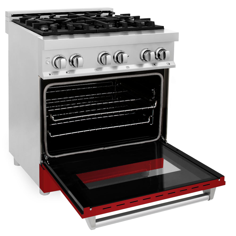 ZLINE 30 in. 4.0 cu. ft. Dual Fuel Range with Gas Stove and Electric Oven in Stainless Steel with Red Gloss Door (RA-RG-30)