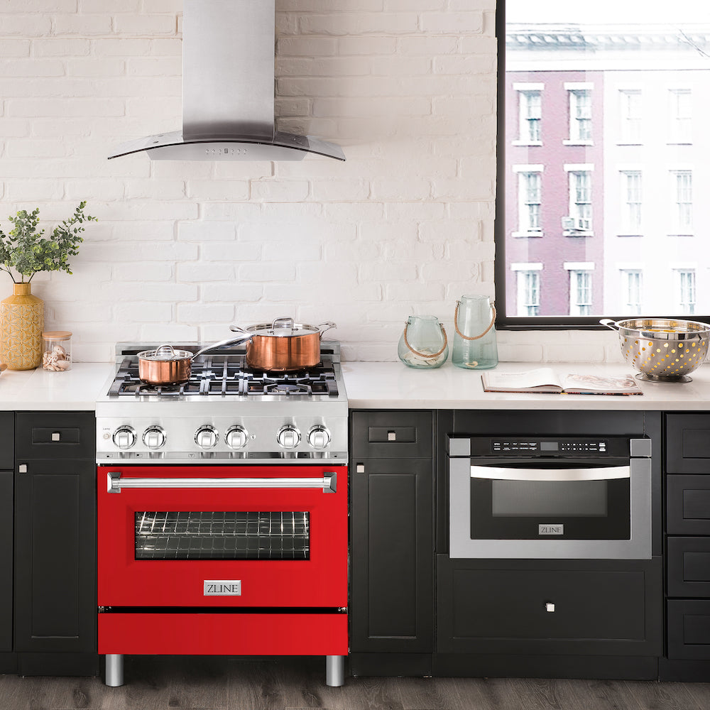 ZLINE 30 in. 4.0 cu. ft. Dual Fuel Range with Gas Stove and Electric Oven in Stainless Steel with Red Matte Door (RA-RM-30)