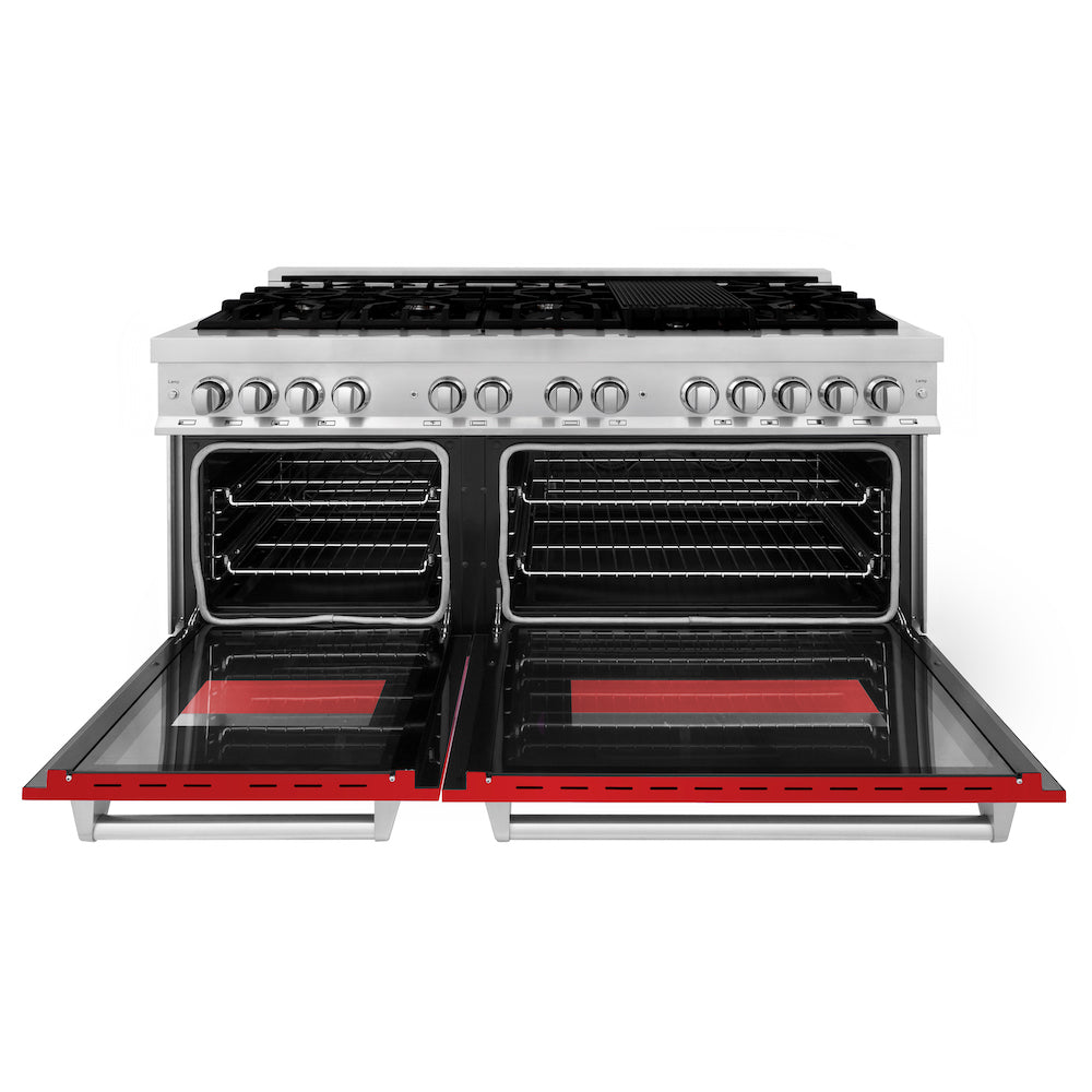 ZLINE 60 in. 7.4 cu. ft. Dual Fuel Range with Gas Stove and Electric Oven in Stainless Steel with Red Matte Doors (RA-RM-60)