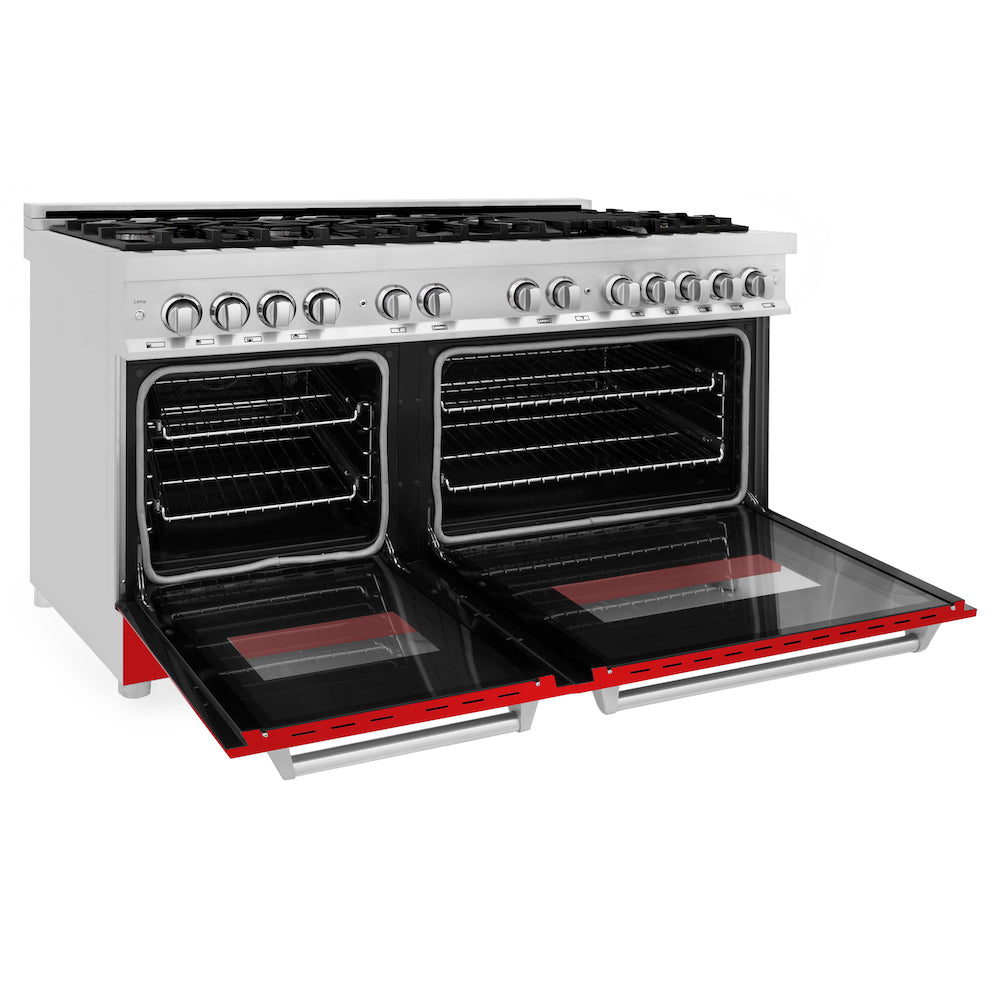 ZLINE 60 in. 7.4 cu. ft. Dual Fuel Range with Gas Stove and Electric Oven in Stainless Steel with Red Matte Doors (RA-RM-60)