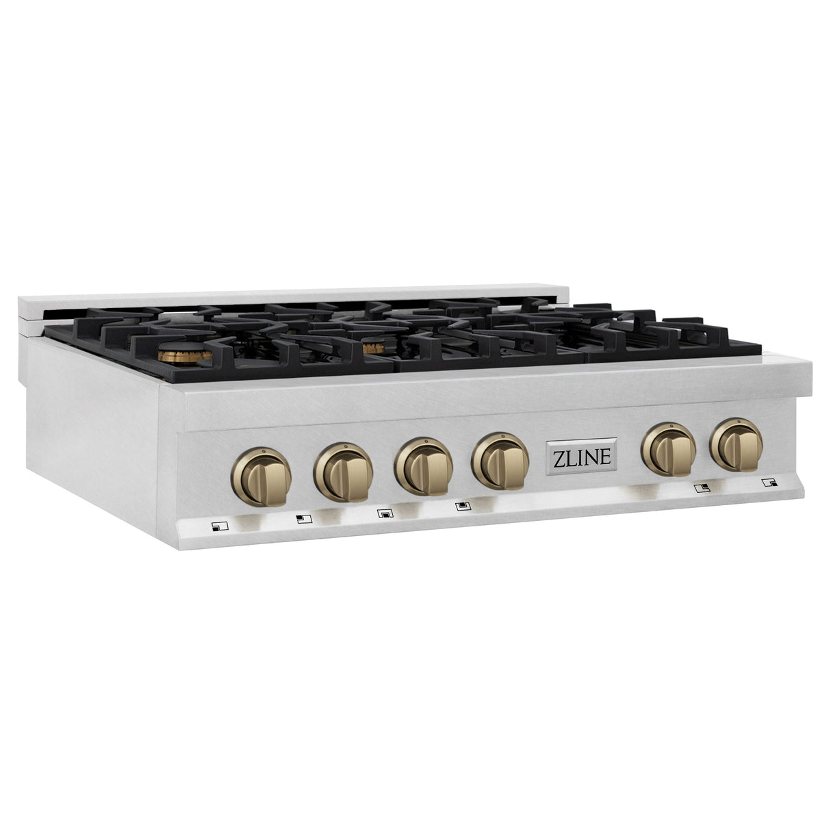 ZLINE Autograph Edition 36 in. Porcelain Rangetop with 6 Gas Burners in DuraSnow® Stainless Steel with Champagne Bronze Accents (RTSZ-36-CB)