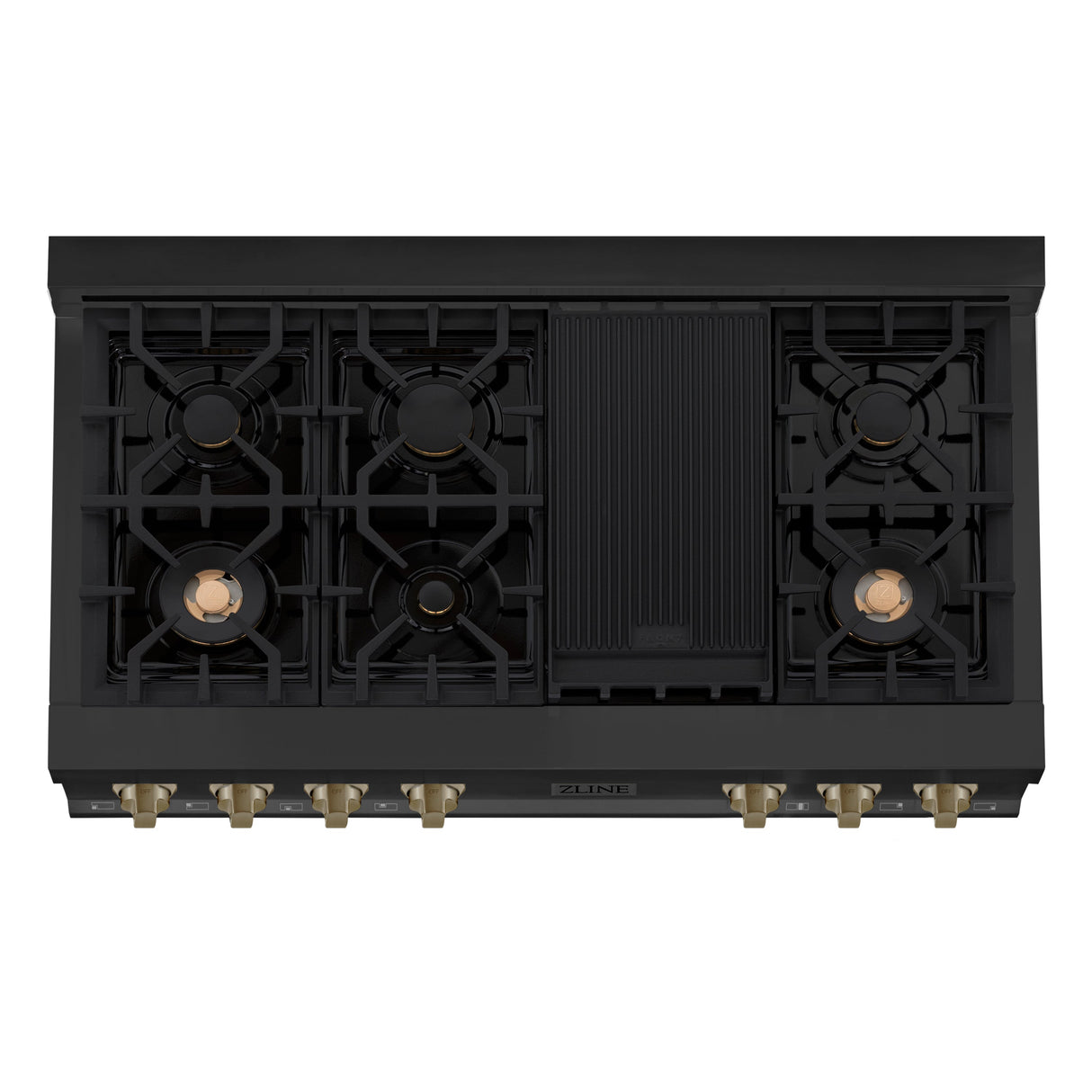 ZLINE Autograph Edition 48 in. Porcelain Rangetop with 7 Gas Burners in Black Stainless Steel and Champagne Bronze Accents (RTBZ-48-CB)