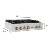 ZLINE Autograph Edition 36 in. Porcelain Rangetop with 6 Gas Burners in DuraSnow® Stainless Steel with Champagne Bronze Accents (RTSZ-36-CB)