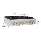 ZLINE Autograph Edition 36 in. Porcelain Rangetop with 6 Gas Burners in Stainless Steel with Polished Gold Accents (RTZ-36-G)