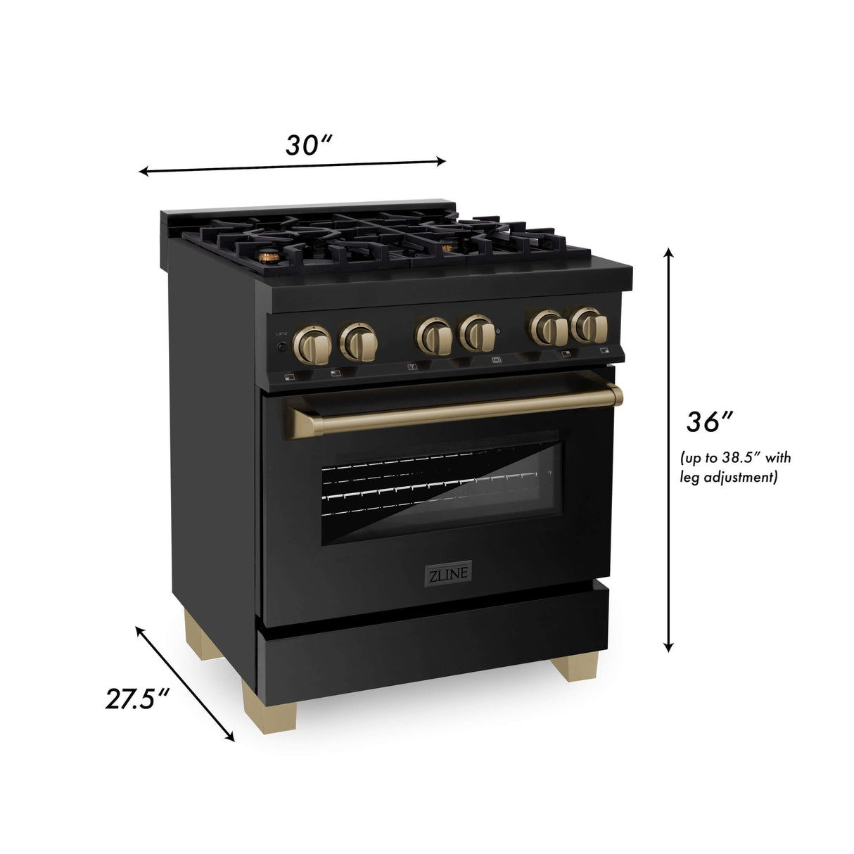 ZLINE Autograph Edition Kitchen Package with Black Stainless Steel with Champagne Bronze Accents 30 in. Dual Fuel Range, 30 in. Range Hood, 24 in. Dishwasher, and 36 in. French Door Refrigerator with External Water Dispenser (4AKPR-RABRHDWV30-CB)