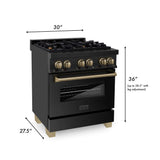 ZLINE Autograph Edition Kitchen Package with Black Stainless Steel with Champagne Bronze Accents 30 in. Dual Fuel Range, 30 in. Range Hood, 24 in. Dishwasher, and 36 in. French Door Refrigerator with External Water Dispenser (4AKPR-RABRHDWV30-CB)