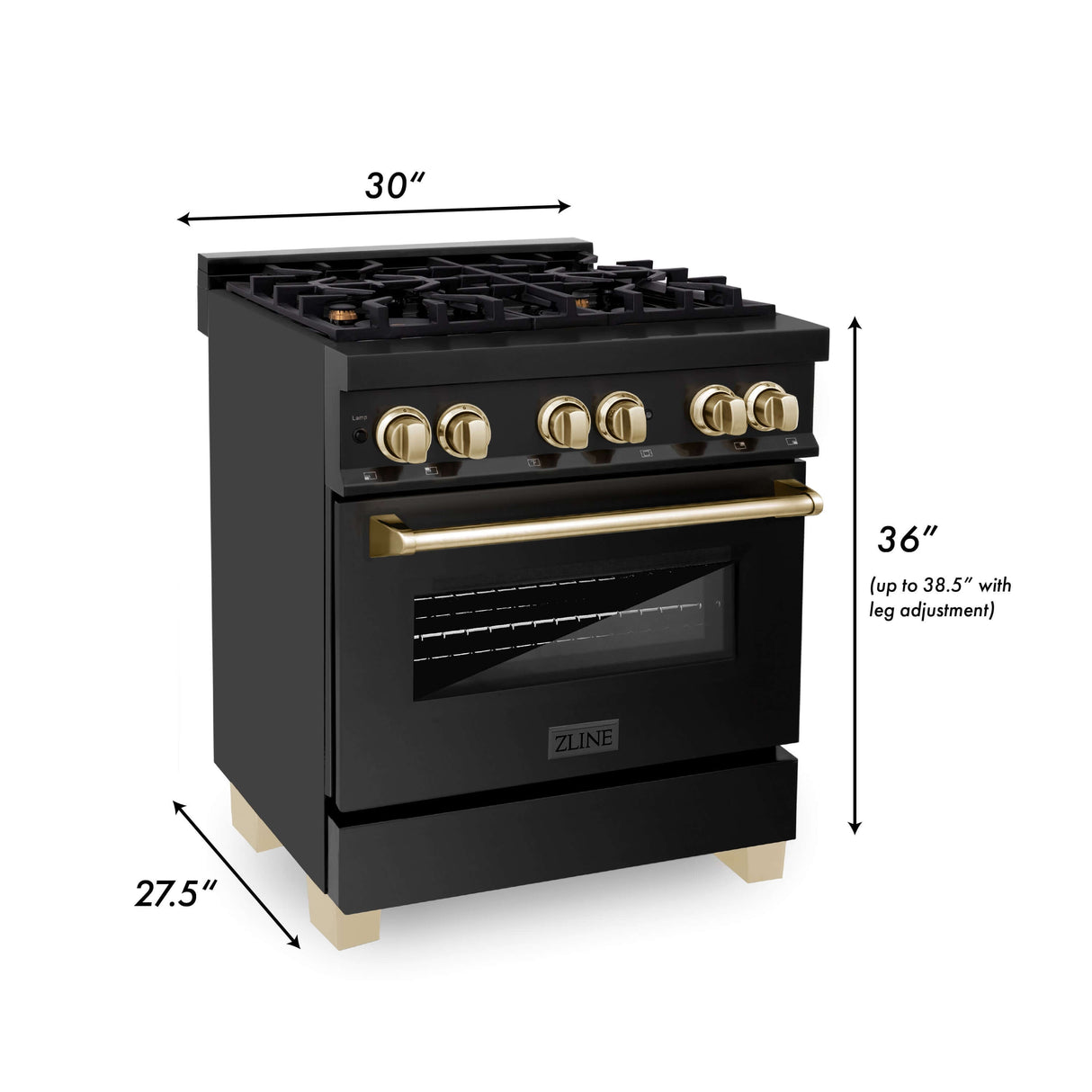 ZLINE 30 in. Autograph Edition Kitchen Package with Black Stainless Steel Dual Fuel Range, Range Hood, Dishwasher and Refrigeration Including External Water Dispenser with Polished Gold Accents (4AKPR-RABRHDWV30-G)