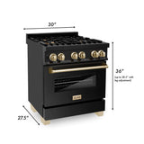 ZLINE Autograph Edition 30 in. Kitchen Package with Black Stainless Steel Dual Fuel Range, Range Hood and Dishwasher with Polished Gold Accents (3AKP-RABRHDWV30-G)