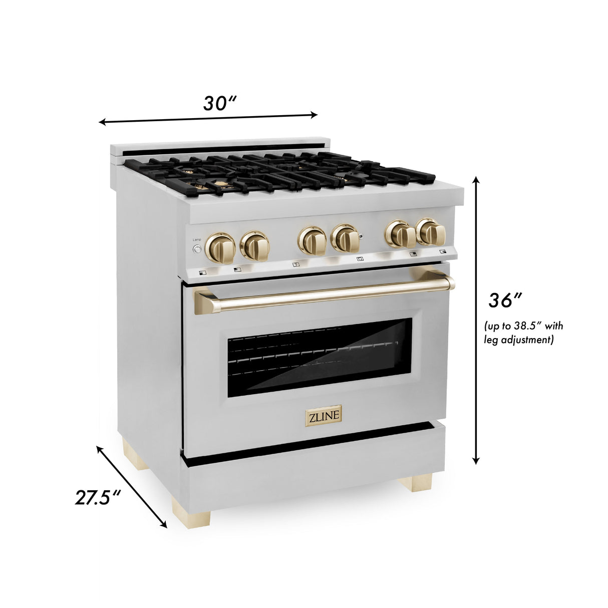 ZLINE 30 in. Autograph Edition Kitchen Package with Stainless Steel Dual Fuel Range, Range Hood, Dishwasher and French Door Refrigerator with Polished Gold Accents (4KAPR-RARHDWM30-G)